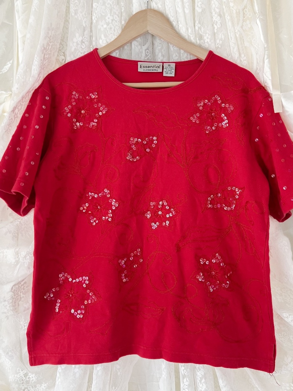 Vintage Red Floral Embroidered Sequin Cotton T-Shirt